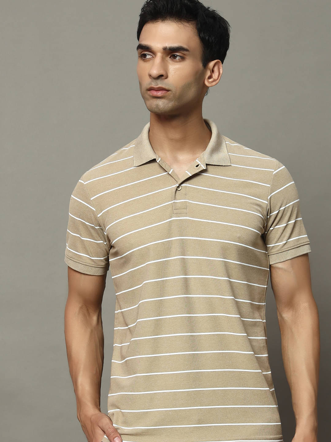    			OGEN Pack of 1 Cotton Blend Regular Fit Striped Half Sleeves Men's Polo T Shirt ( Beige )