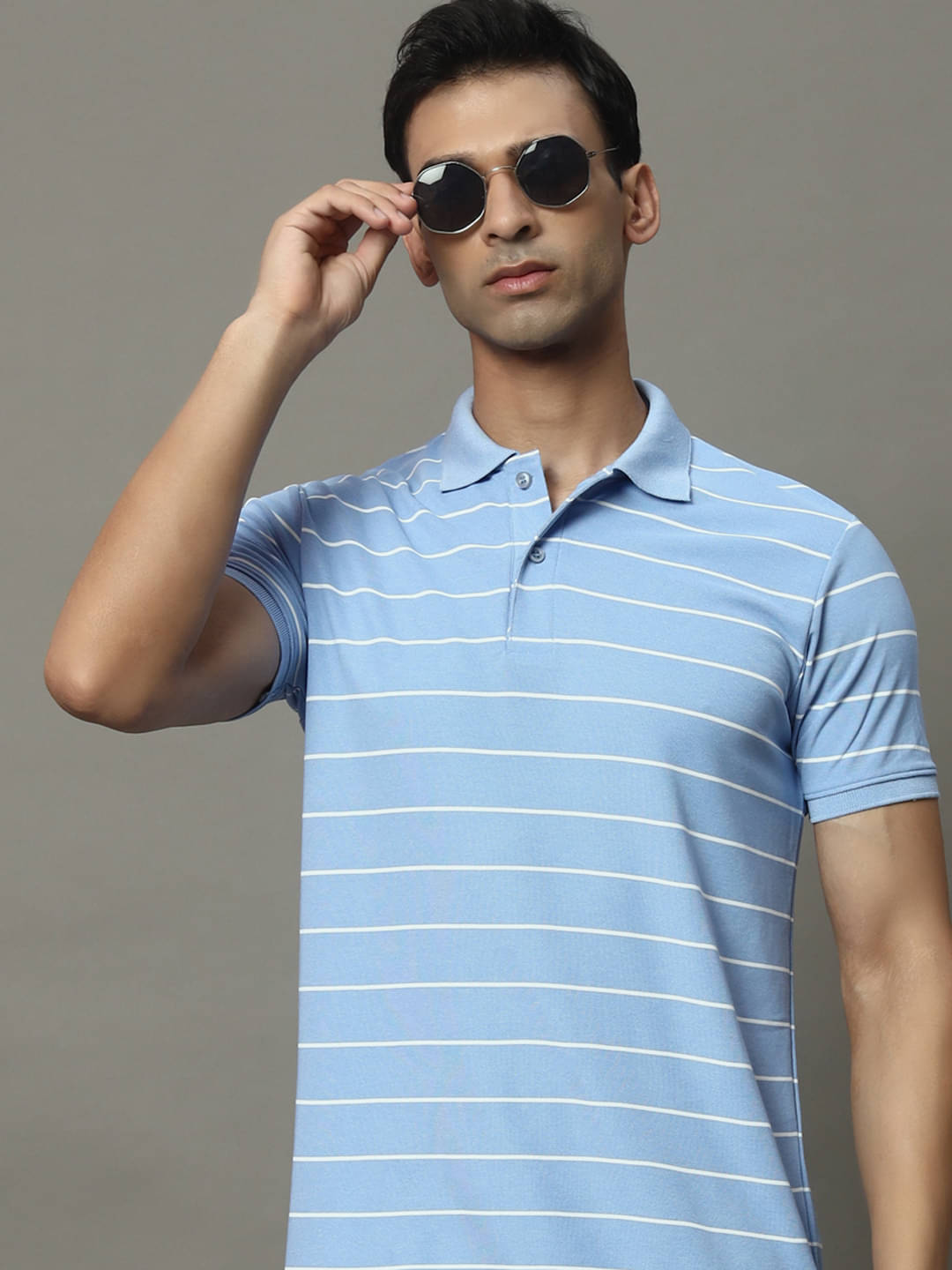     			OGEN Pack of 1 Cotton Blend Regular Fit Striped Half Sleeves Men's Polo T Shirt ( Sky Blue )