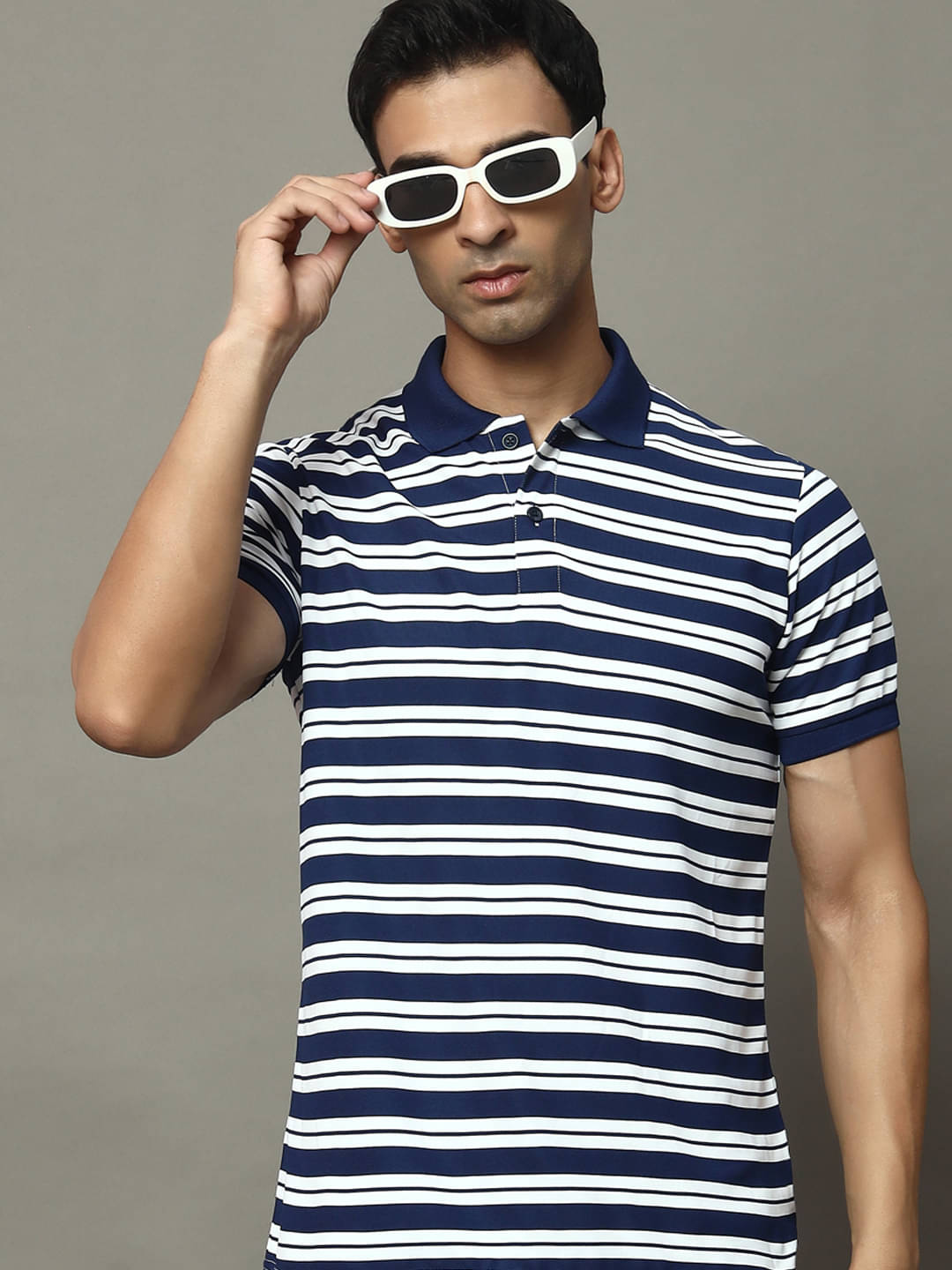    			OGEN Pack of 1 Cotton Blend Regular Fit Striped Half Sleeves Men's Polo T Shirt ( Navy Blue )