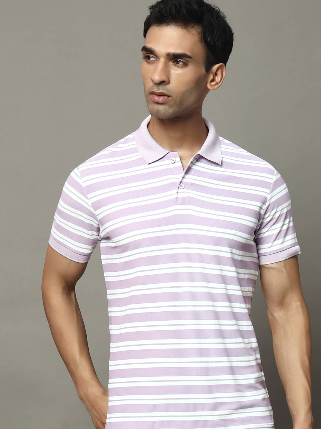     			OGEN Pack of 1 Cotton Blend Regular Fit Striped Half Sleeves Men's Polo T Shirt ( Lavender )