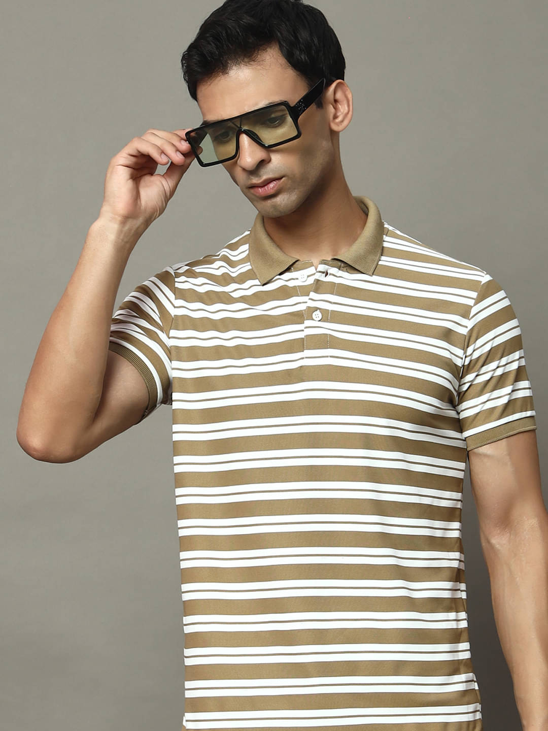     			OGEN Pack of 1 Cotton Blend Regular Fit Striped Half Sleeves Men's Polo T Shirt ( Tan Brown )