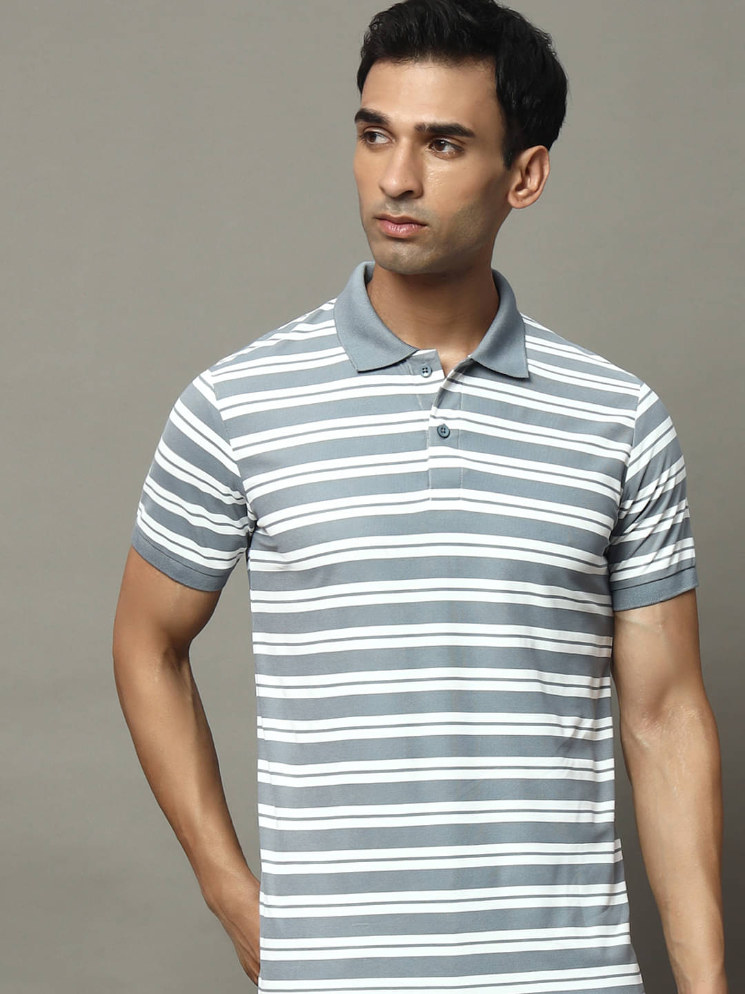 OGEN Pack of 1 Cotton Blend Regular Fit Striped Half Sleeves Men's Polo T Shirt ( Grey ) OGEN Pack of 1 Cotton Blend Regular Fit Striped Half Sleeves Men's Polo T Shirt ( Grey )