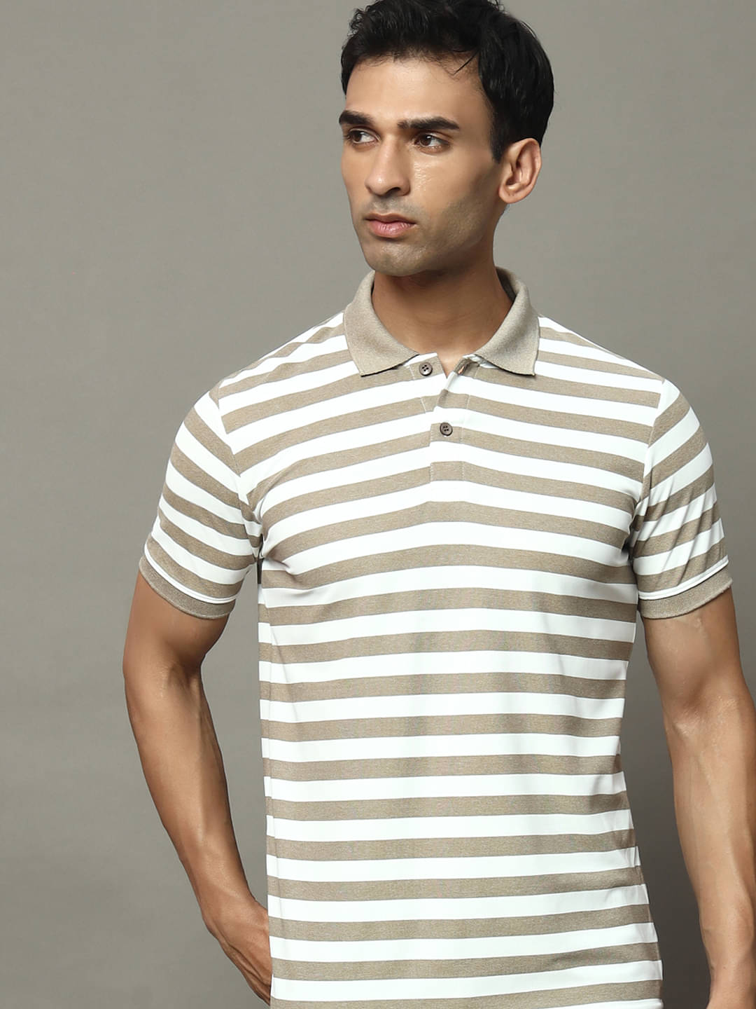 OGEN Pack of 1 Cotton Blend Regular Fit Striped Half Sleeves Men's Polo T Shirt ( Beige ) OGEN Pack of 1 Cotton Blend Regular Fit Striped Half Sleeves Men's Polo T Shirt ( Beige )