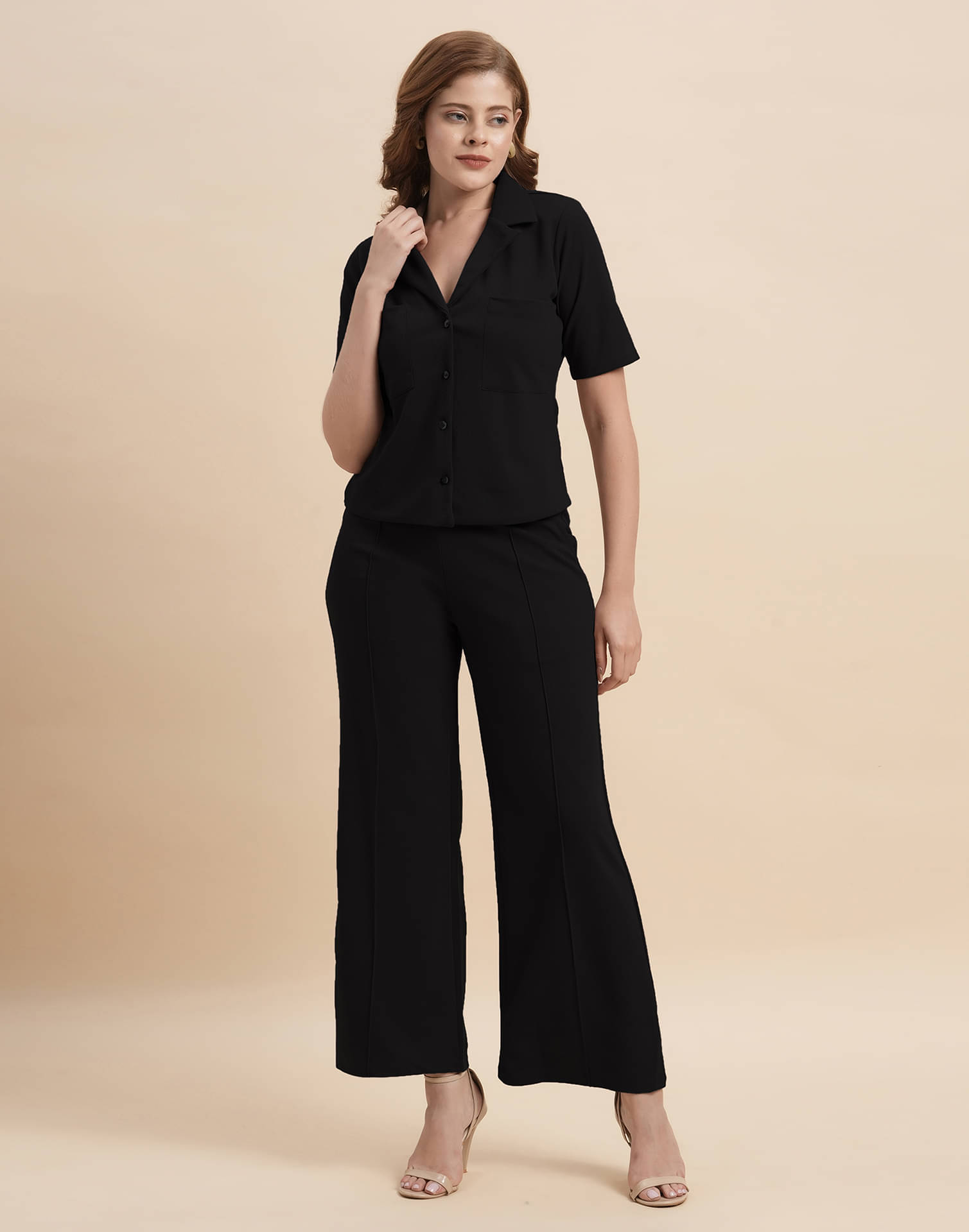     			Selvia Women Solid Top With Trousers Co-Ord Set ( Black )