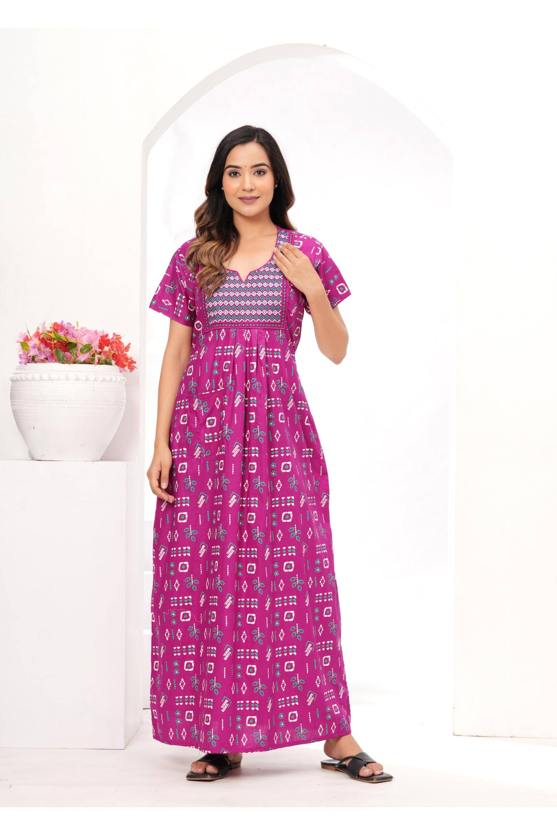Shri Krishna Fabric Purple Cotton Women's Nightwear Nighty & Night Gowns ( Pack of 1 )     			Shri Krishna Fabric Purple Cotton Women's Nightwear Nighty & Night Gowns ( Pack of 1 )