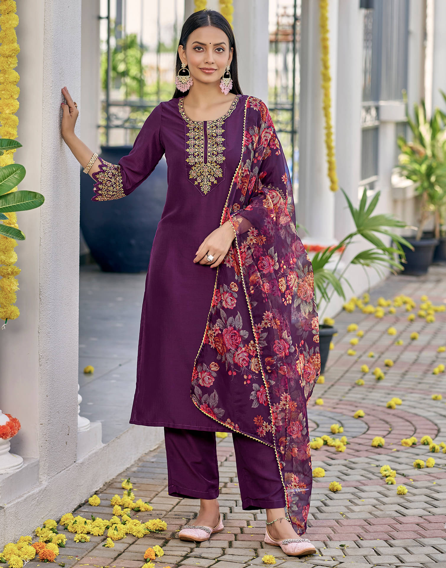     			Skylee Chiffon Embroidered Kurti With Pants Women's Stitched Salwar Suit - Wine ( Pack of 1 )