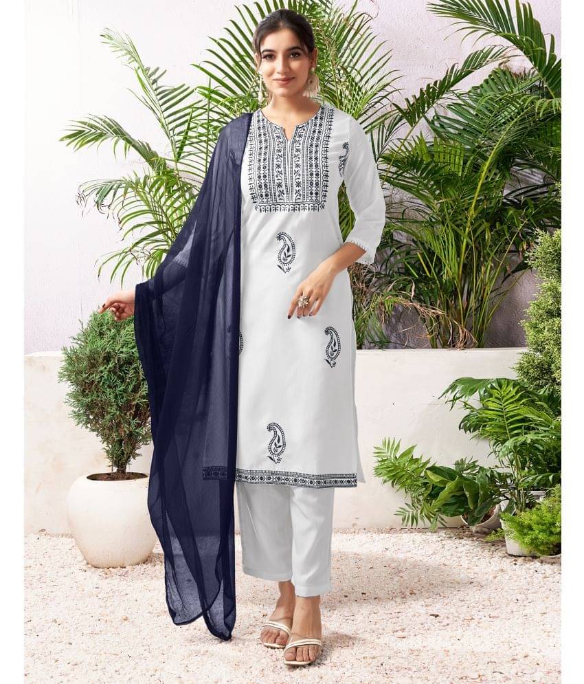     			Skylee Cotton Blend Embroidered Kurti With Pants Women's Stitched Salwar Suit - White ( Pack of 1 )