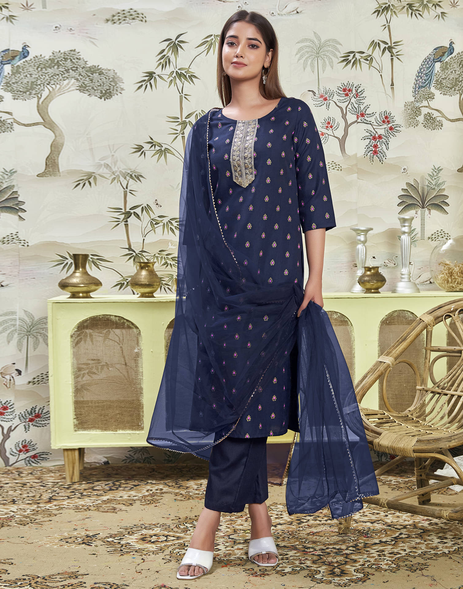     			Skylee Cotton Blend Embroidered Kurti With Pants Women's Stitched Salwar Suit - Navy Blue ( Pack of 1 )