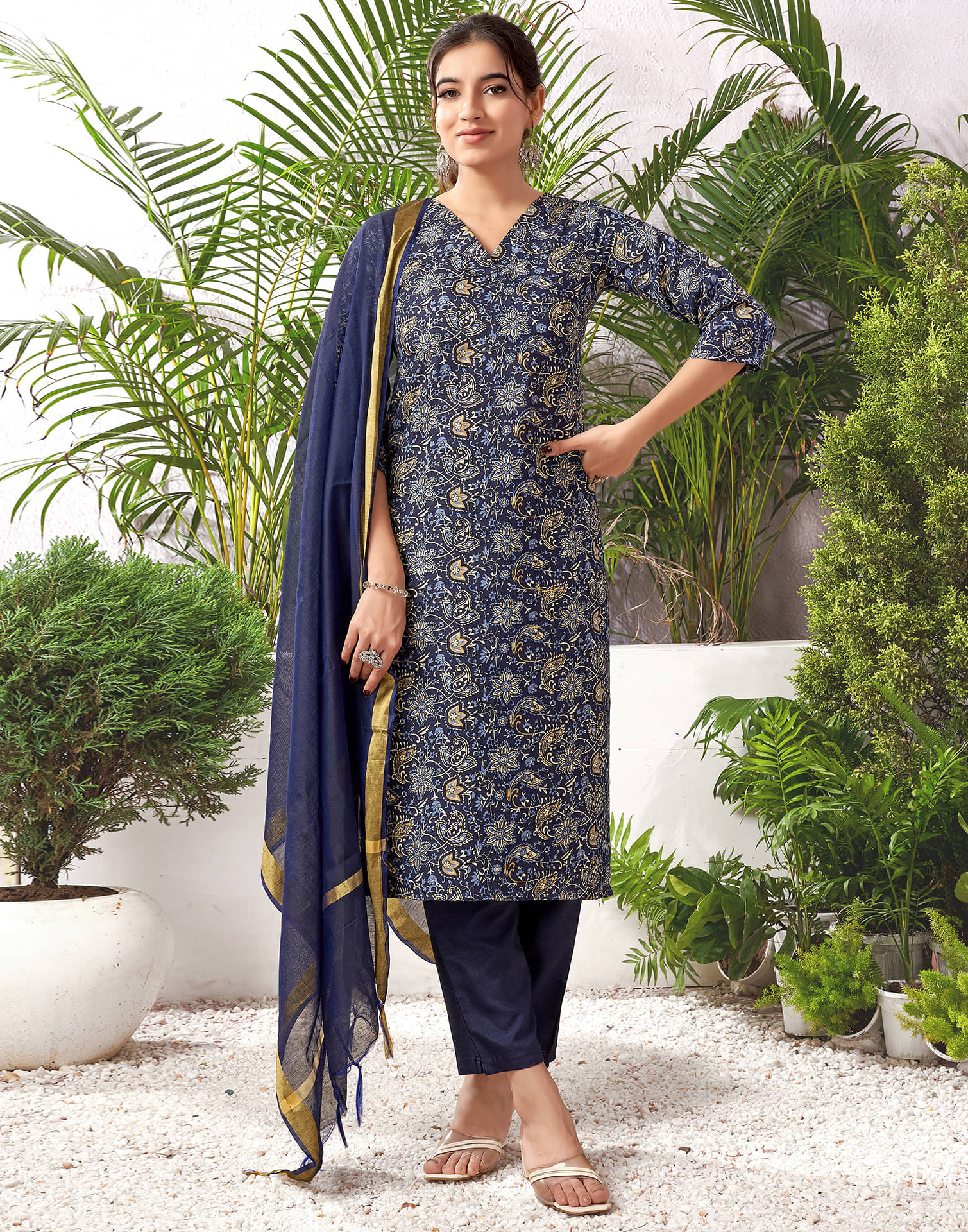     			Skylee Cotton Blend Printed Kurti With Pants Women's Stitched Salwar Suit - Navy Blue ( Pack of 1 )