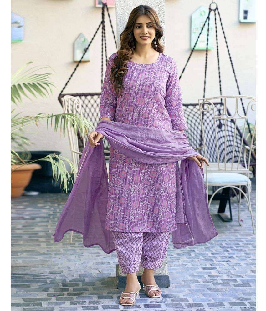     			Skylee Rayon Printed Kurti With Pants Women's Stitched Salwar Suit - Purple ( Pack of 1 )