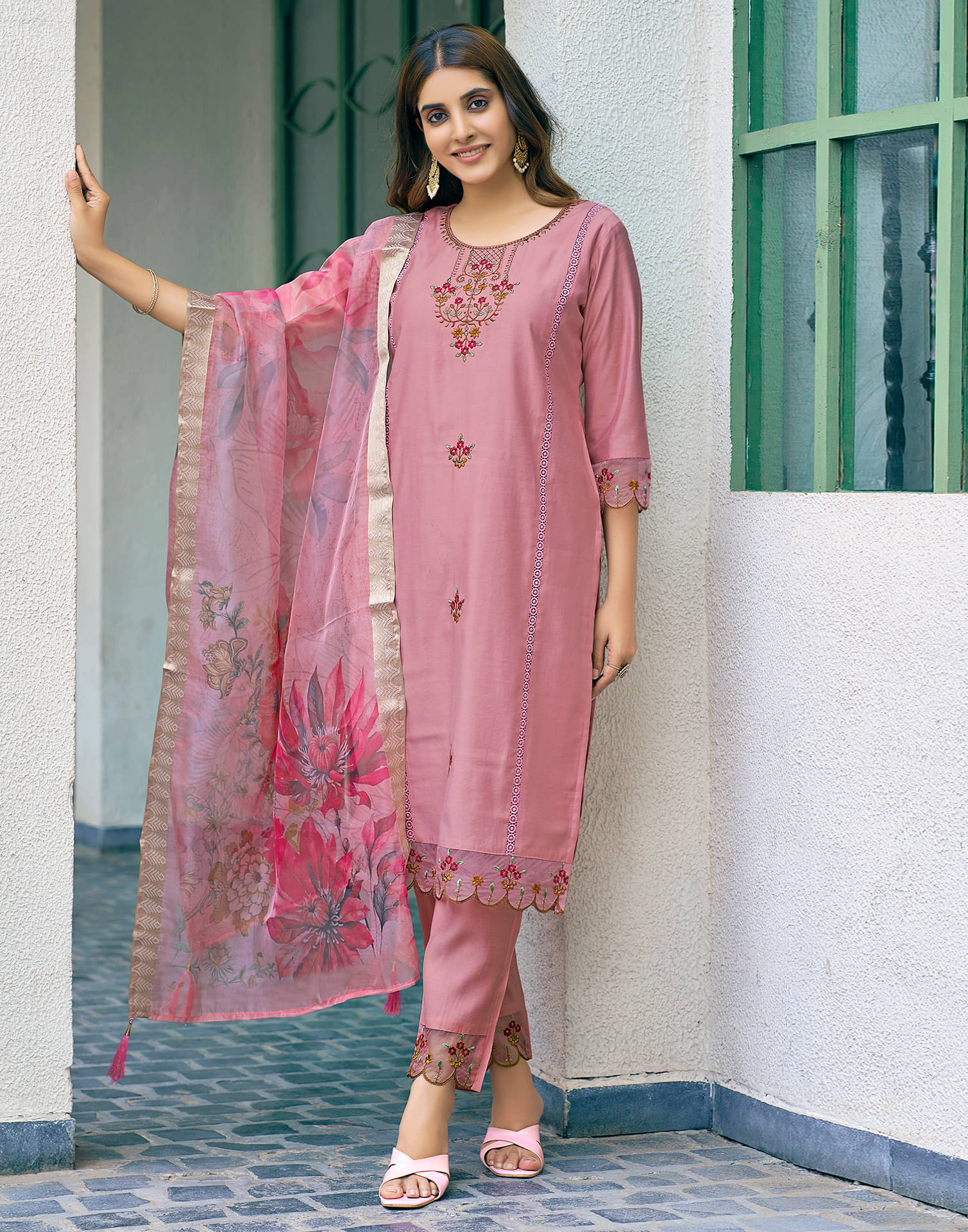     			Skylee Silk Blend Embroidered Kurti With Pants Women's Stitched Salwar Suit - Pink ( Pack of 1 )