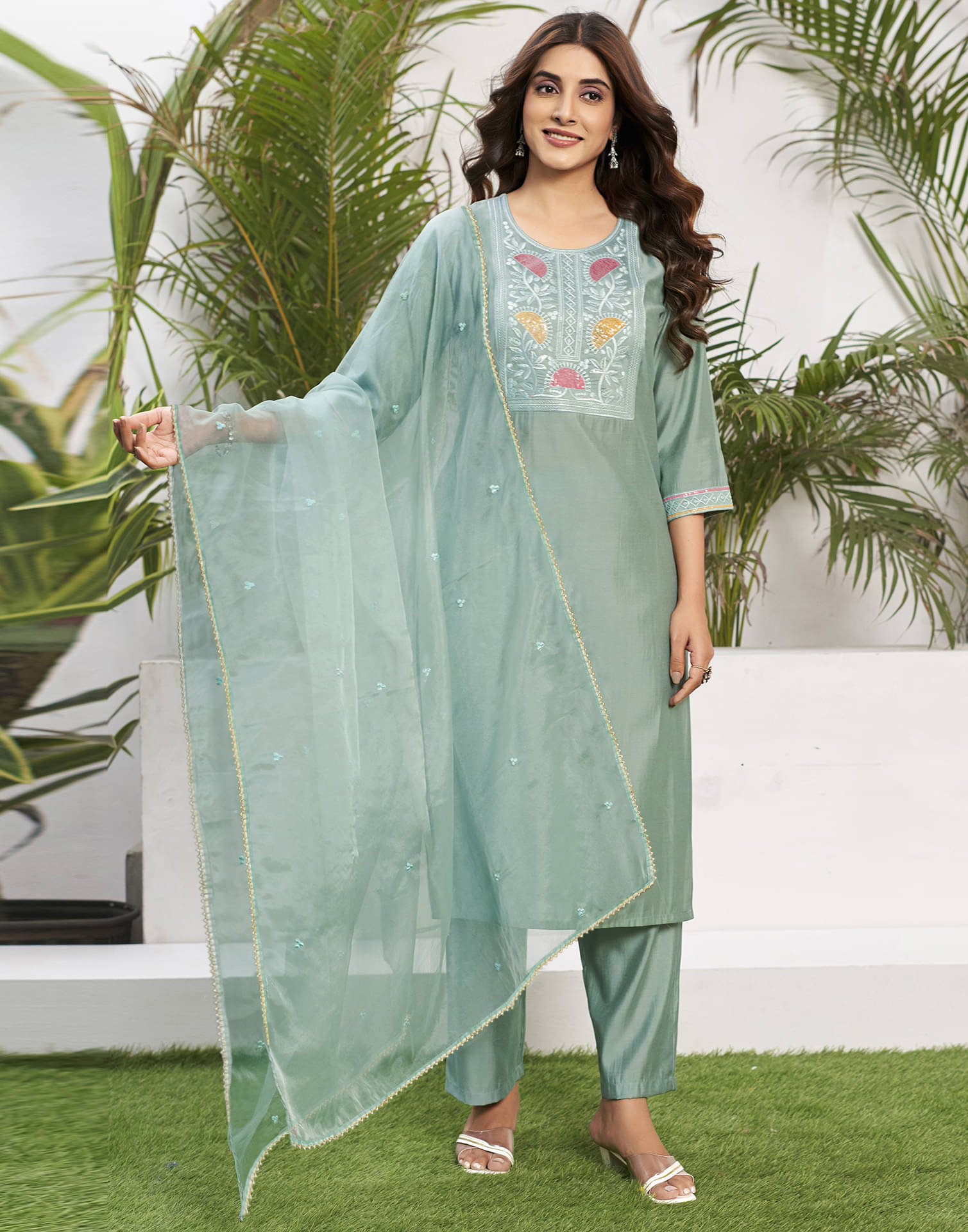     			Skylee Silk Blend Embroidered Kurti With Pants Women's Stitched Salwar Suit - Sea Green ( Pack of 1 )