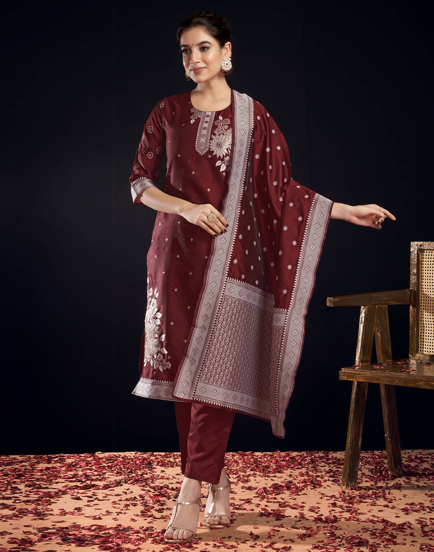     			Skylee Silk Blend Self Design Kurti With Pants Women's Stitched Salwar Suit - Maroon ( Pack of 1 )
