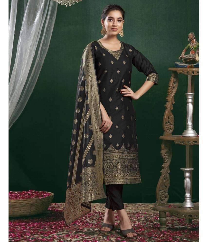 Skylee Silk Blend Self Design Kurti With Pants Women's Stitched Salwar Suit - Black ( Pack of 1 ) Skylee Silk Blend Self Design Kurti With Pants Women's Stitched Salwar Suit - Black ( Pack of 1 )