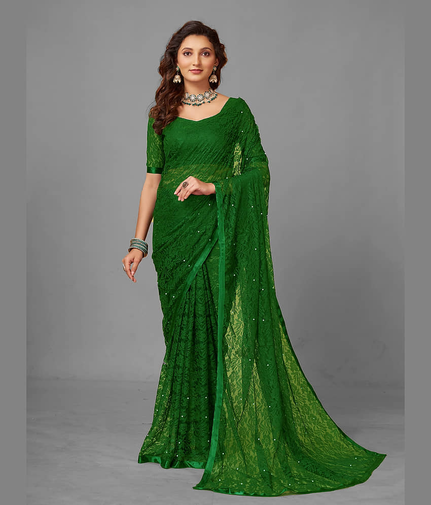 VANRAJ CREATION Brasso Self Design Saree With Unstitched Blouse Piece ( Green ) - Sarees | Buy online on ZillyBuy