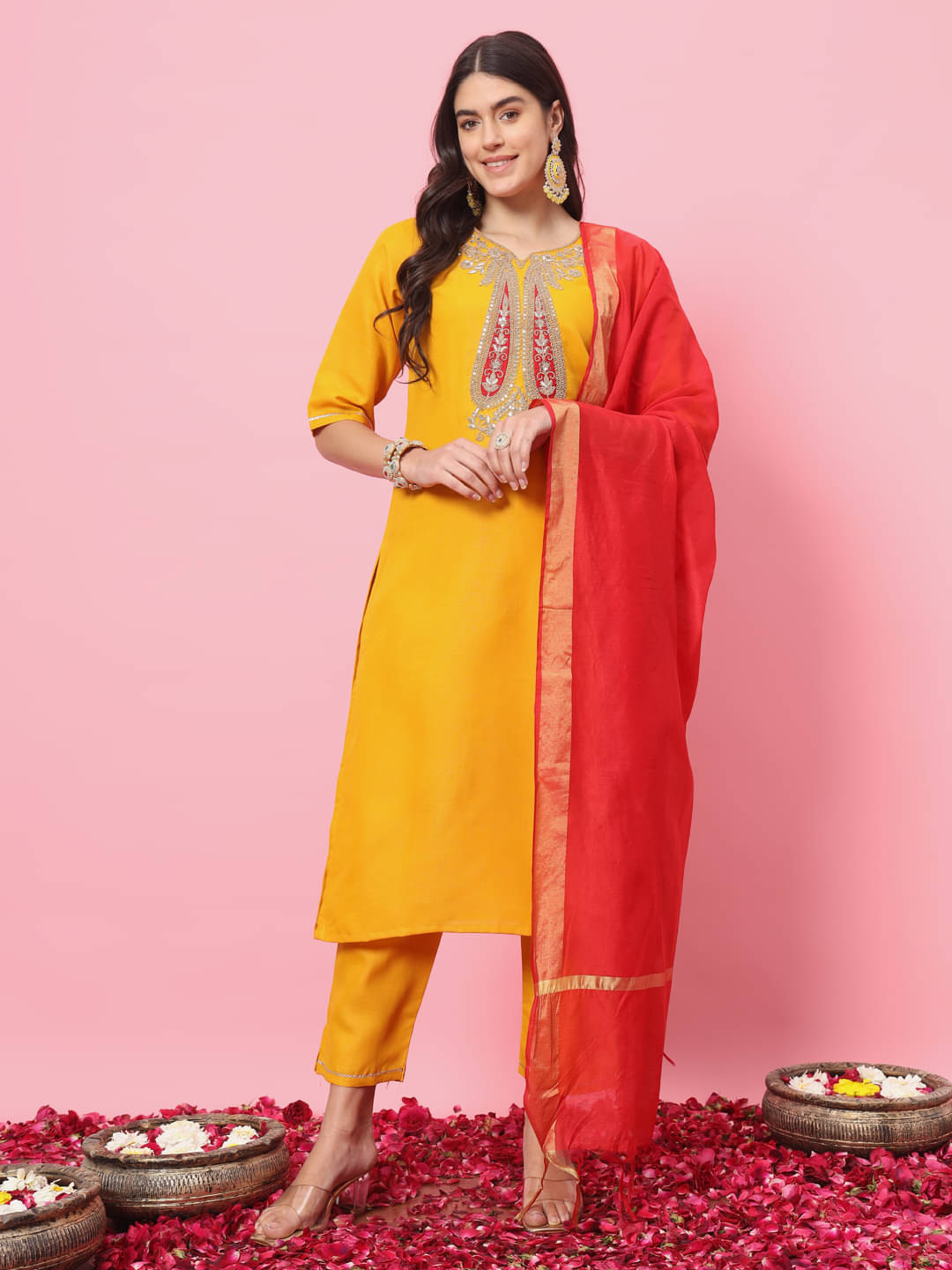 VredeVogel Cotton Blend Embellished Kurti With Pants Women's Stitched Salwar Suit - Yellow ( Pack of 1 ) VredeVogel Cotton Blend Embellished Kurti With Pants Women's Stitched Salwar Suit - Yellow ( Pack of 1 )