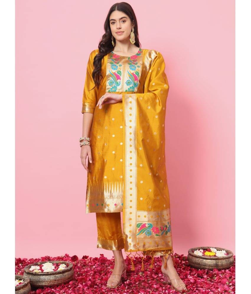     			VredeVogel Cotton Blend Printed Kurti With Pants Women's Stitched Salwar Suit - Yellow ( Pack of 1 )