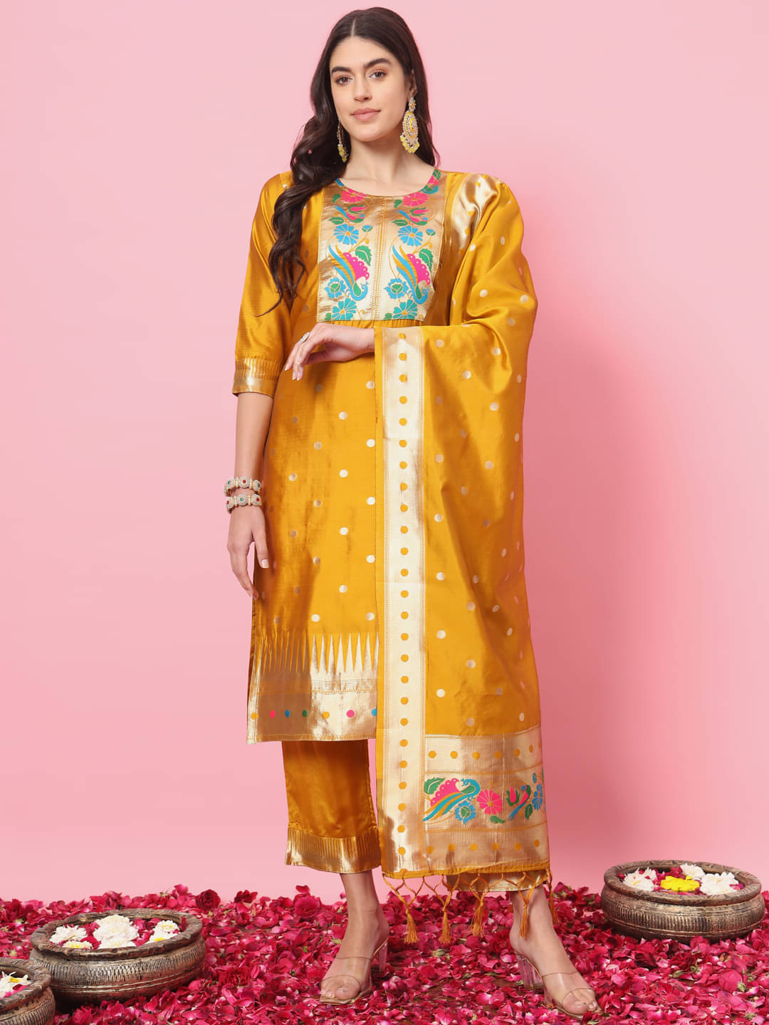 VredeVogel Cotton Blend Printed Kurti With Pants Women's Stitched Salwar Suit - Yellow ( Pack of 1 )     			VredeVogel Cotton Blend Printed Kurti With Pants Women's Stitched Salwar Suit - Yellow ( Pack of 1 )