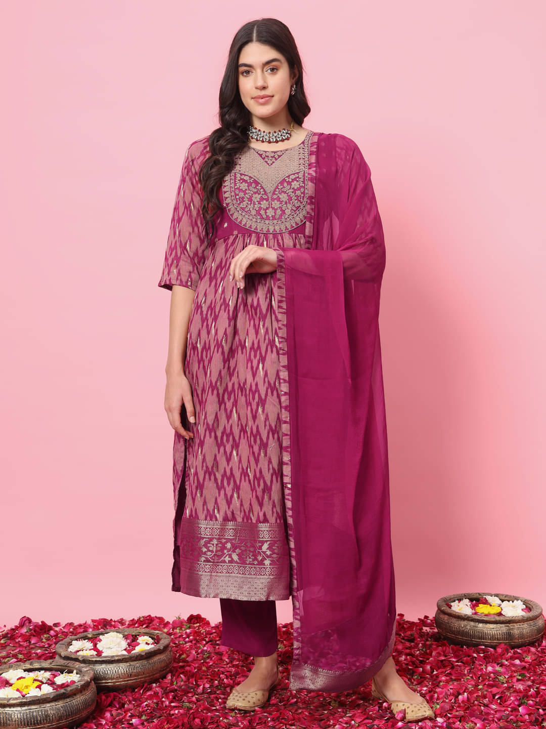     			VredeVogel Cotton Blend Printed Kurti With Pants Women's Stitched Salwar Suit - Purple ( Pack of 1 )