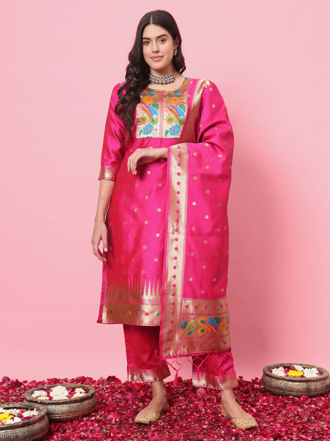     			VredeVogel Cotton Blend Printed Kurti With Pants Women's Stitched Salwar Suit - Pink ( Pack of 1 )