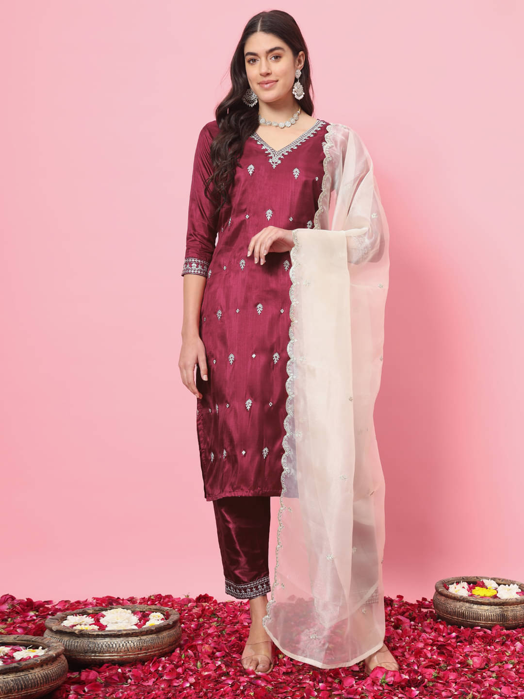 VredeVogel Silk Blend Embroidered Kurti With Pants Women's Stitched Salwar Suit - Red ( Pack of 1 ) VredeVogel Silk Blend Embroidered Kurti With Pants Women's Stitched Salwar Suit - Red ( Pack of 1 )