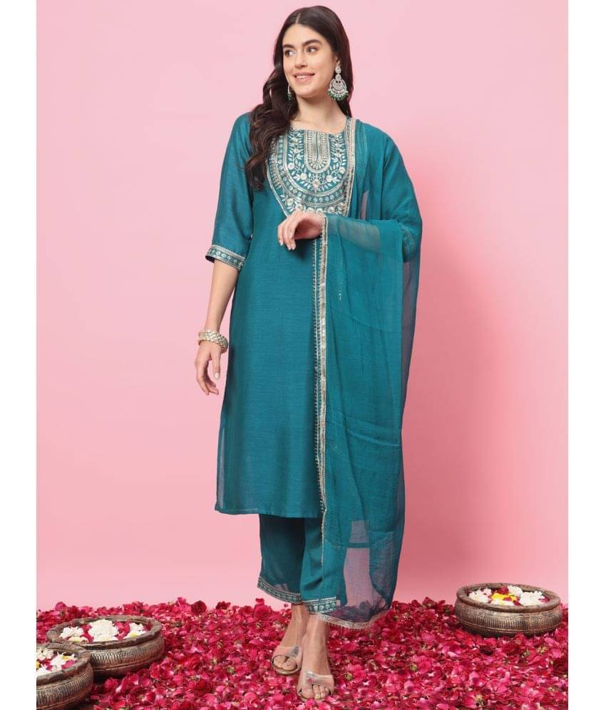 VredeVogel Silk Blend Embroidered Kurti With Pants Women's Stitched Salwar Suit - Green ( Pack of 1 ) VredeVogel Silk Blend Embroidered Kurti With Pants Women's Stitched Salwar Suit - Green ( Pack of 1 )