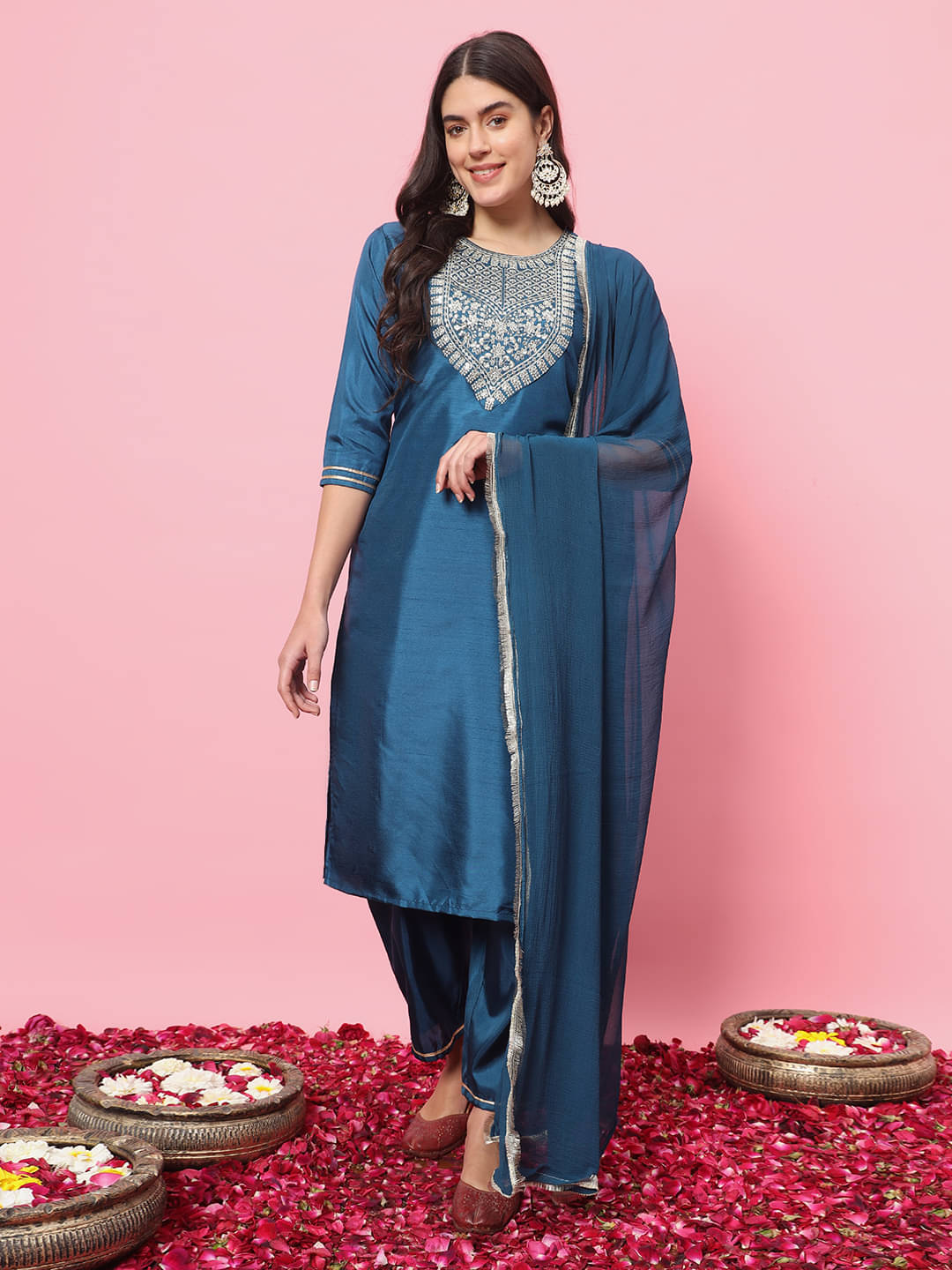 VredeVogel Silk Blend Embroidered Kurti With Pants Women's Stitched Salwar Suit - Blue ( Pack of 1 ) VredeVogel Silk Blend Embroidered Kurti With Pants Women's Stitched Salwar Suit - Blue ( Pack of 1 )
