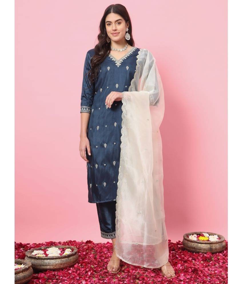     			VredeVogel Silk Blend Embroidered Kurti With Pants Women's Stitched Salwar Suit - Blue ( Pack of 1 )