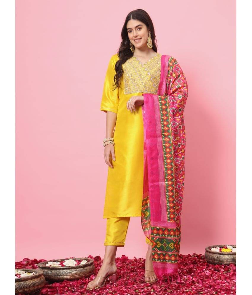     			VredeVogel Silk Blend Embroidered Kurti With Pants Women's Stitched Salwar Suit - Yellow ( Pack of 1 )