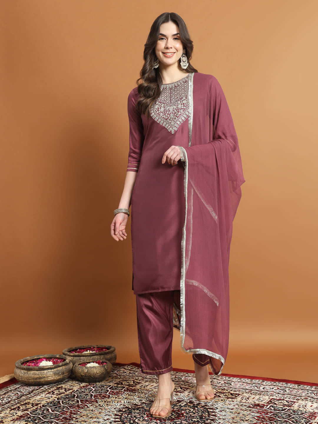     			VredeVogel Silk Blend Embroidered Kurti With Pants Women's Stitched Salwar Suit - Magenta ( Pack of 1 )