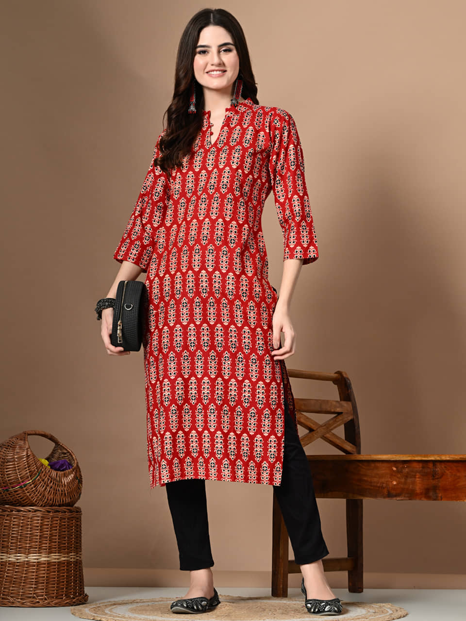 AMTHI 100% Cotton Printed Straight Women's Kurti - Red ( Pack of 1 ) - Kurtis, Tunics | Buy online on ZillyBuy