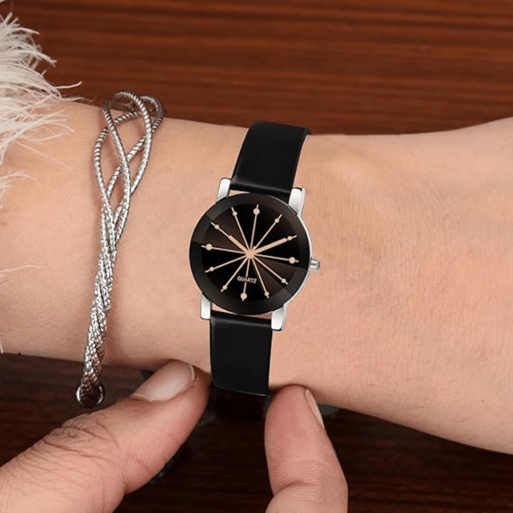     			Cosmic Black Leather Analog Womens Watch