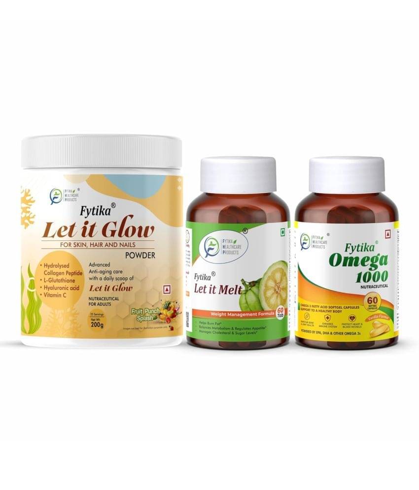 Fytika Let it Glow Fruit Punch, Collagen Powder-200G + Fytika Let it melt with Garcinia Cambogia, Green coffee-60 Tabs + Fytika Omega1000 (Omega3 Fatty acids)-60 Caps Fytika Let it Glow Fruit Punch, Collagen Powder-200G + Fytika Let it melt with Garcinia Cambogia, Green coffee-60 Tabs + Fytika Omega1000 (Omega3 Fatty acids)-60 Caps