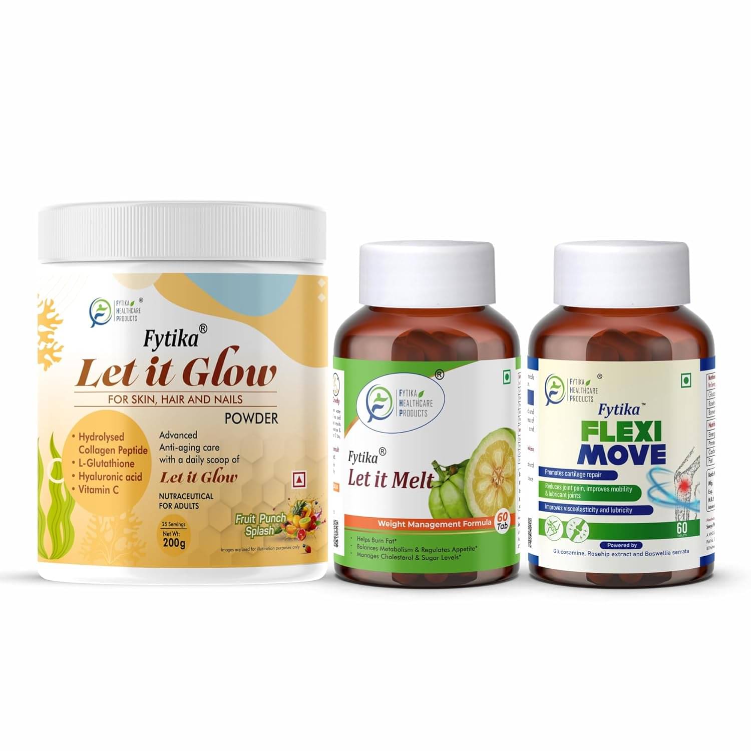     			Fytika Let it Glow Fruit Punch, Collagen Powder-200G + Fytika Let it melt with Garcinia Cambogia, Green coffee-60 Tabs + Fytika Flexi Move| Glucosamine, Rosehip Powder extract-60 Tabs