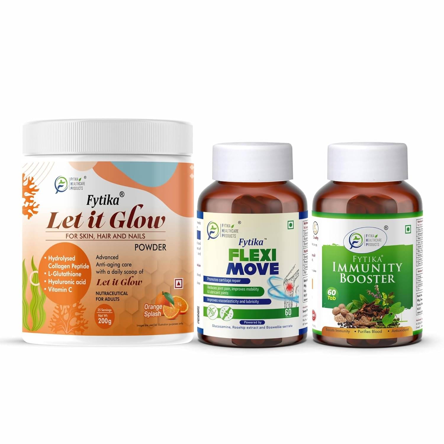 Fytika Let it Glow Orange Splash, Collagen Powder-200G + Fytika Flexi Move| Glucosamine, Rosehip Powder extract-60 Tabs + Fytika Immunity Booster (Immune system support)-60 Tabs Fytika Let it Glow Orange Splash, Collagen Powder-200G + Fytika Flexi Move| Glucosamine, Rosehip Powder extract-60 Tabs + Fytika Immunity Booster (Immune system support)-60 Tabs