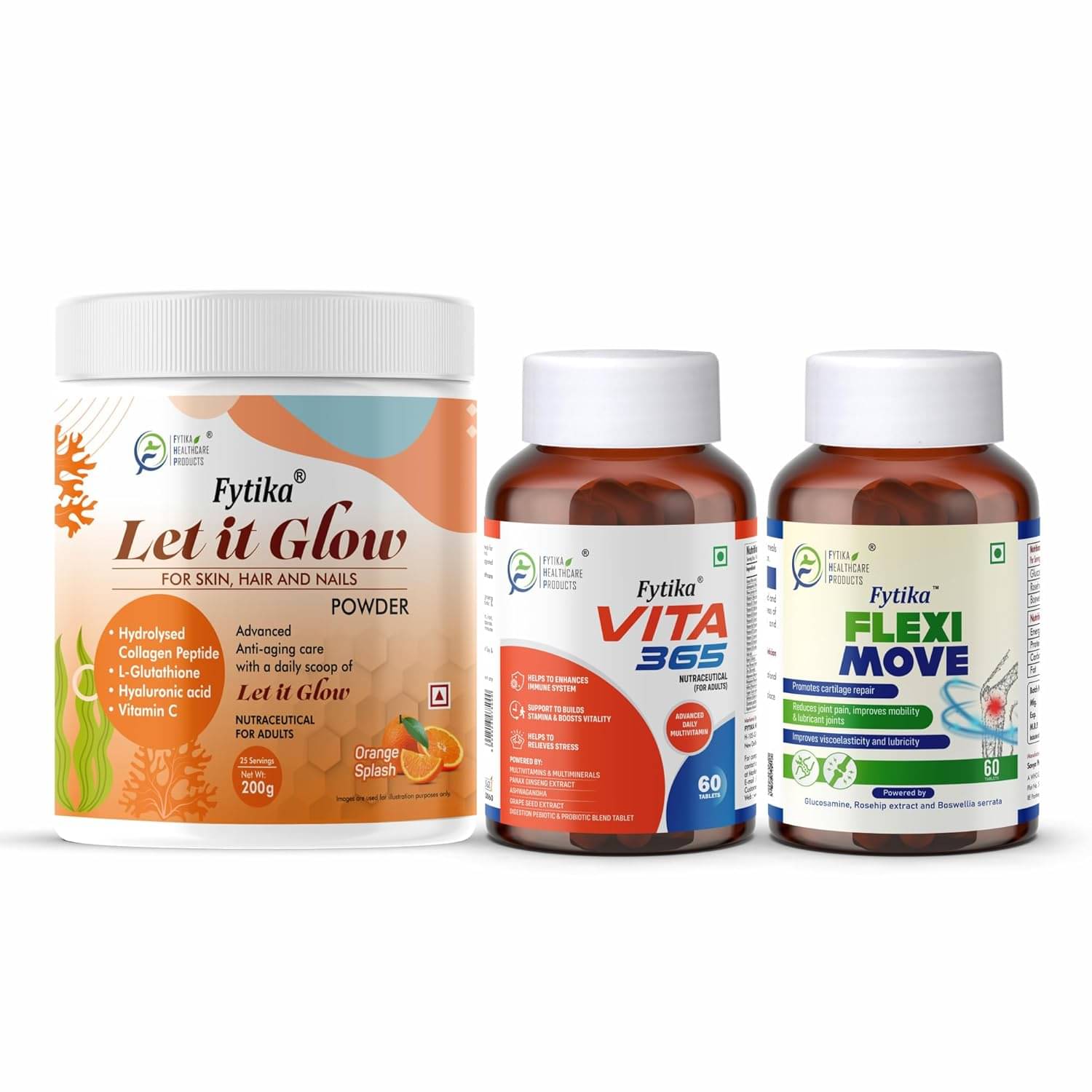 Fytika Let it Glow Orange Splash, Collagen Powder-200G + Fytika Vita 365, 3 in 1 Multivitamin-60 Tabs + Fytika Flexi Move| Glucosamine, Rosehip Powder extract-60 Tabs Fytika Let it Glow Orange Splash, Collagen Powder-200G + Fytika Vita 365, 3 in 1 Multivitamin-60 Tabs + Fytika Flexi Move| Glucosamine, Rosehip Powder extract-60 Tabs