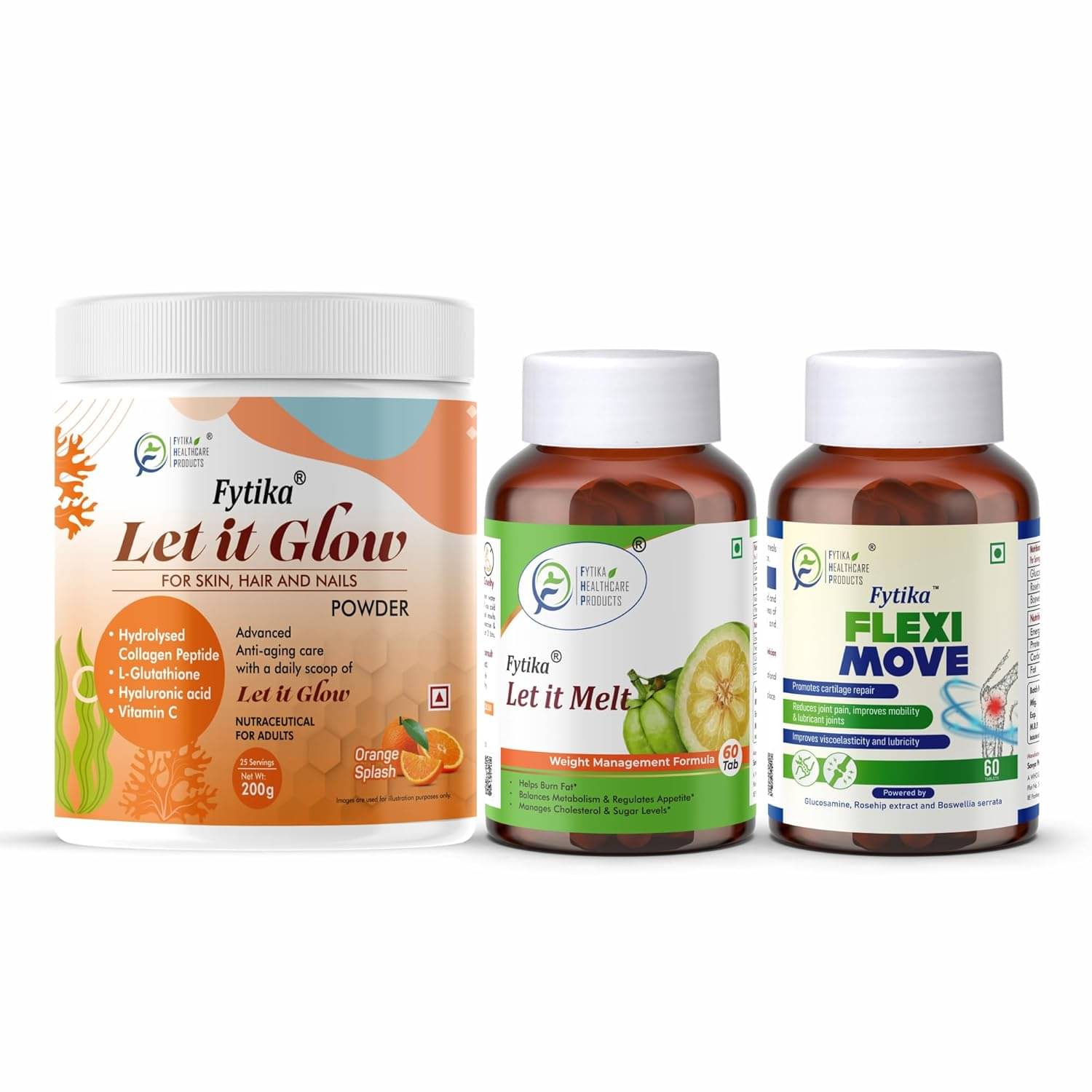 Fytika Let it Glow Orange Splash, Collagen Powder-200G + Fytika Let it melt with Garcinia Cambogia, Green coffee-60 Tabs + Fytika Flexi Move| Glucosamine, Rosehip Powder extract-60 Tabs Fytika Let it Glow Orange Splash, Collagen Powder-200G + Fytika Let it melt with Garcinia Cambogia, Green coffee-60 Tabs + Fytika Flexi Move| Glucosamine, Rosehip Powder extract-60 Tabs