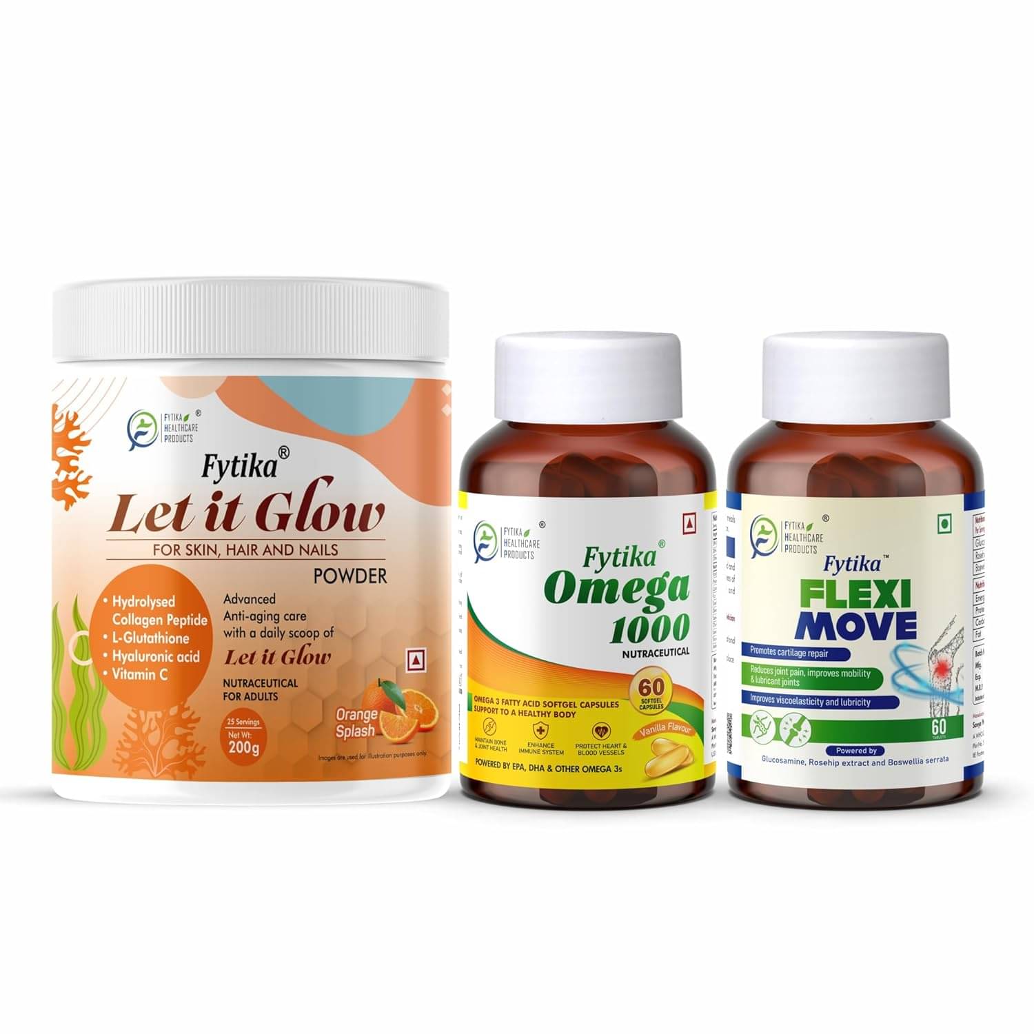     			Fytika Let it Glow Orange Splash, Collagen Powder-200G + Fytika Omega 1000 (Omega-3 Fatty acids)-60 Caps + Fytika Flexi Move| Glucosamine, Rosehip Powder extract-60 Tabs
