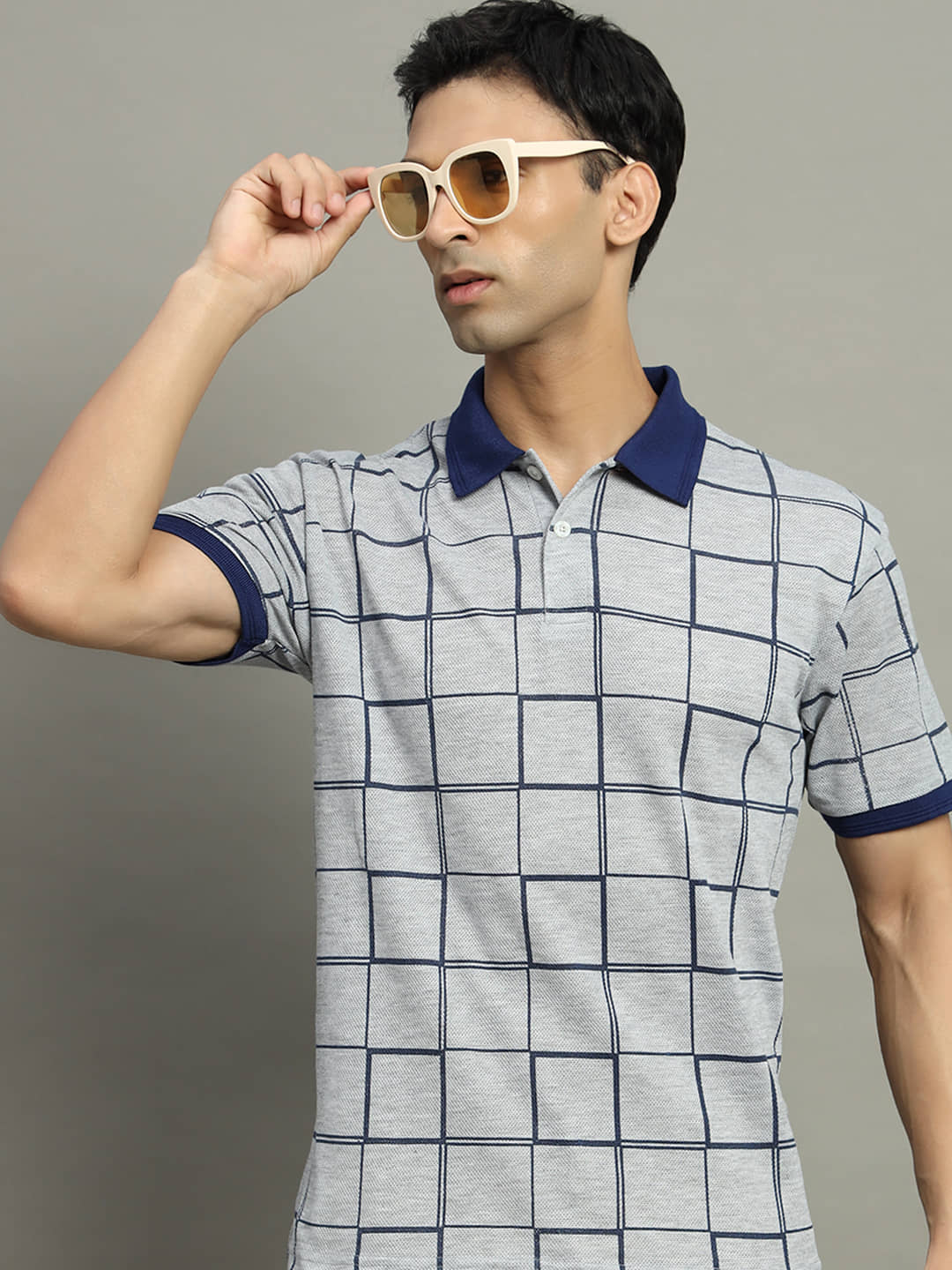 GET GOLF Pack of 1 Cotton Blend Regular Fit Checks Half Sleeves Men's Polo T Shirt ( Grey )