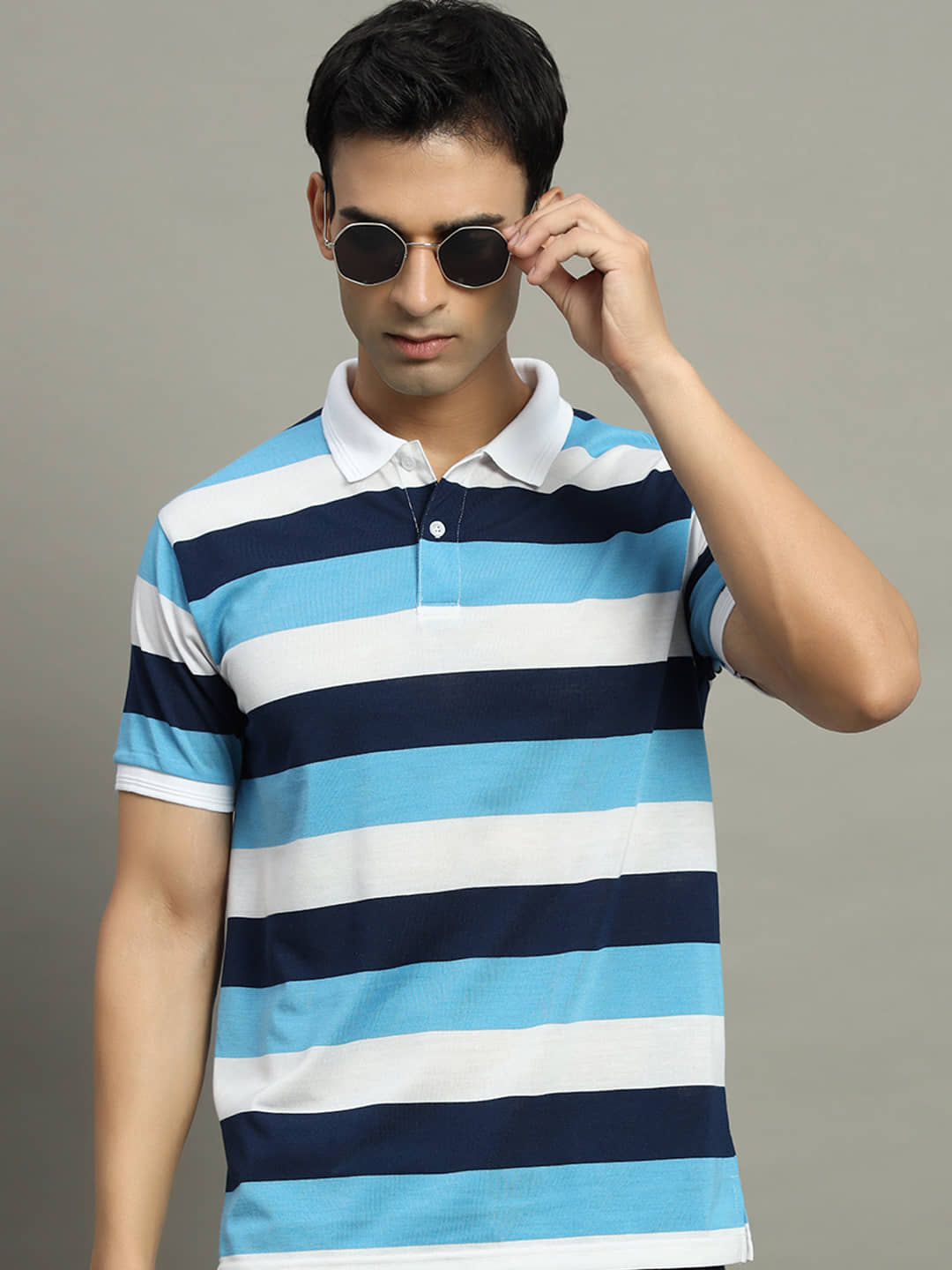 GET GOLF Pack of 1 Cotton Blend Regular Fit Striped Half Sleeves Men's Polo T Shirt ( Aqua )