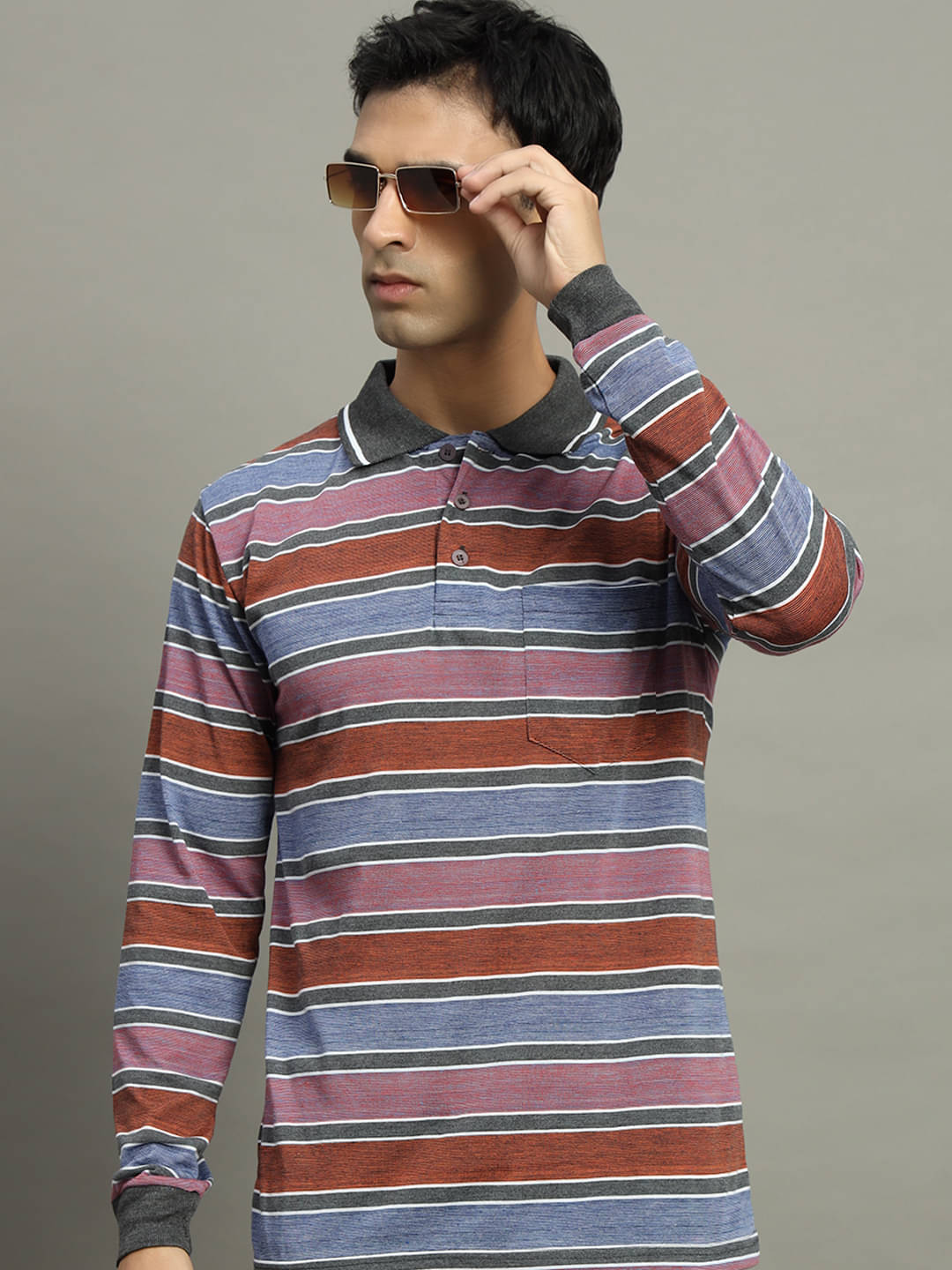 GET GOLF Pack of 1 Cotton Blend Regular Fit Striped Full Sleeves Men's Polo T Shirt ( Charcoal Grey ) GET GOLF Pack of 1 Cotton Blend Regular Fit Striped Full Sleeves Men's Polo T Shirt ( Charcoal Grey )