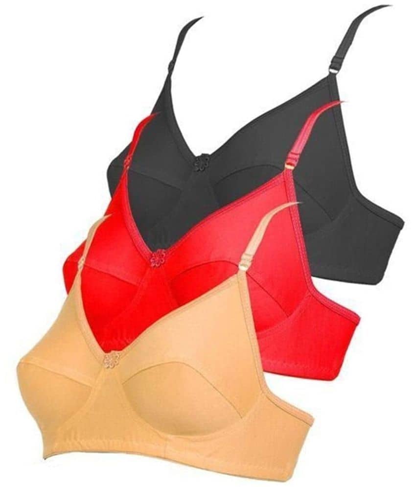 Kiran Enterprises Pack of 3 Cotton Blend Non Padded Women's Everyday Bra ( Beige,Black,Red )