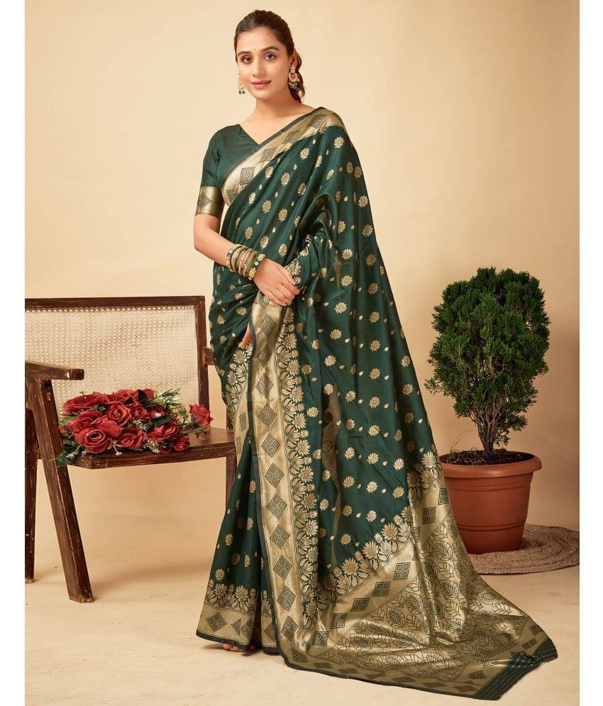 Samah Silk Blend Self Design Saree With Unstitched Blouse Piece ( Green ) Samah Silk Blend Self Design Saree With Unstitched Blouse Piece ( Green )