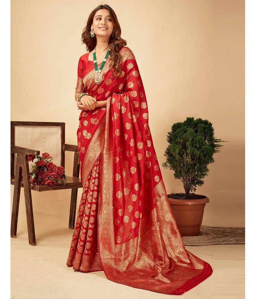 Samah Silk Blend Self Design Saree With Unstitched Blouse Piece ( Red ) Samah Silk Blend Self Design Saree With Unstitched Blouse Piece ( Red )