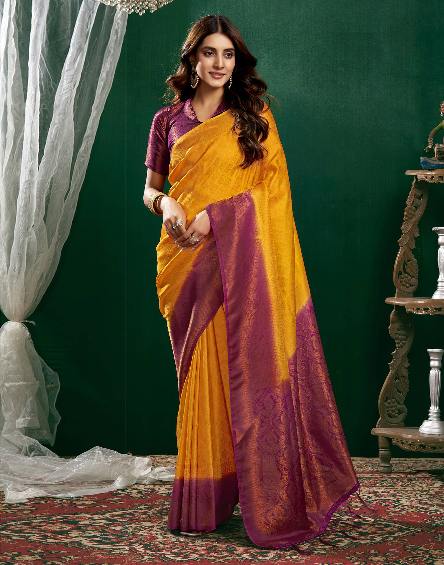 Satrani Silk Blend Self Design Saree With Unstitched Blouse Piece ( Yellow ) Satrani Silk Blend Self Design Saree With Unstitched Blouse Piece ( Yellow )