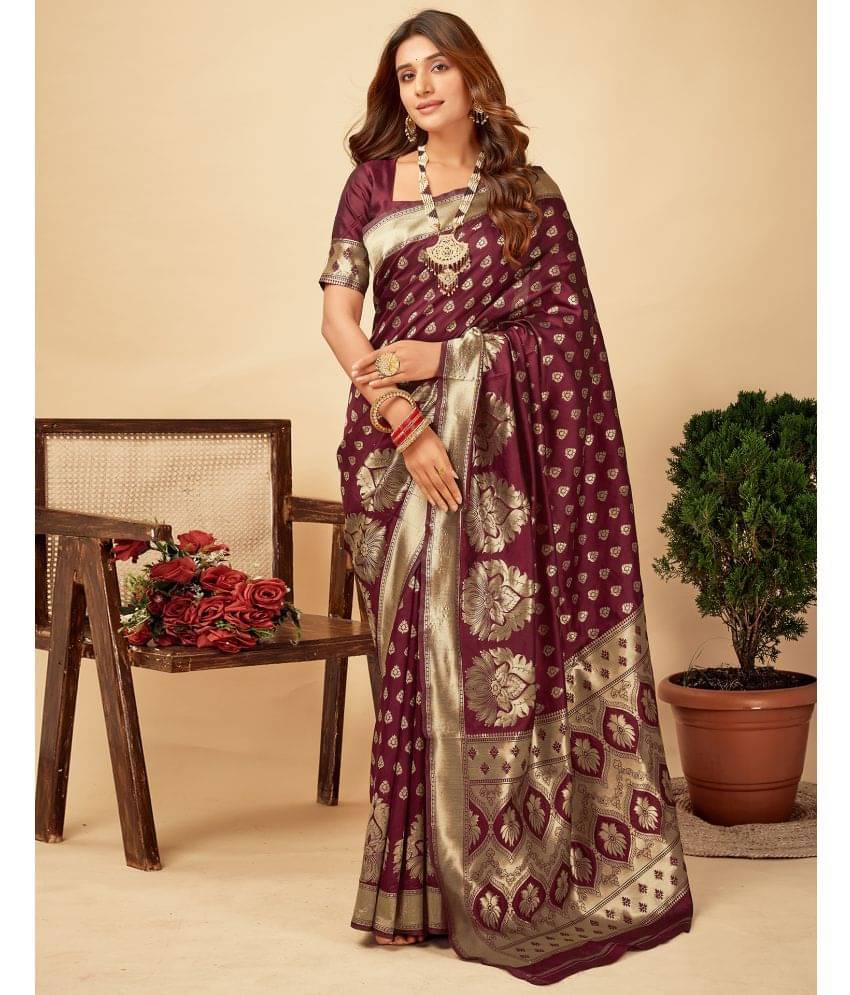 Satrani Silk Blend Self Design Saree With Unstitched Blouse Piece ( Maroon ) Satrani Silk Blend Self Design Saree With Unstitched Blouse Piece ( Maroon )