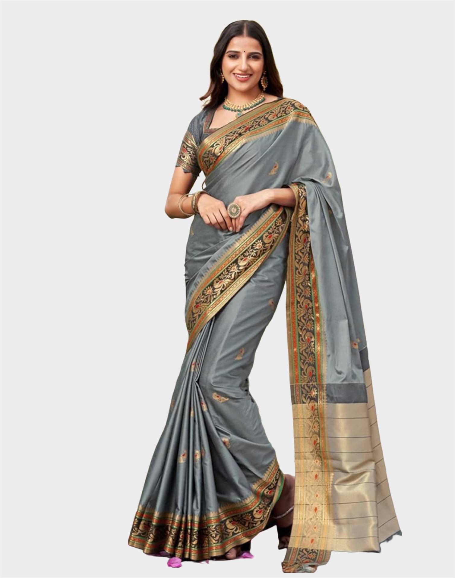 Satrani Silk Embellished Saree With Unstitched Blouse Piece ( Grey ) Satrani Silk Embellished Saree With Unstitched Blouse Piece ( Grey )