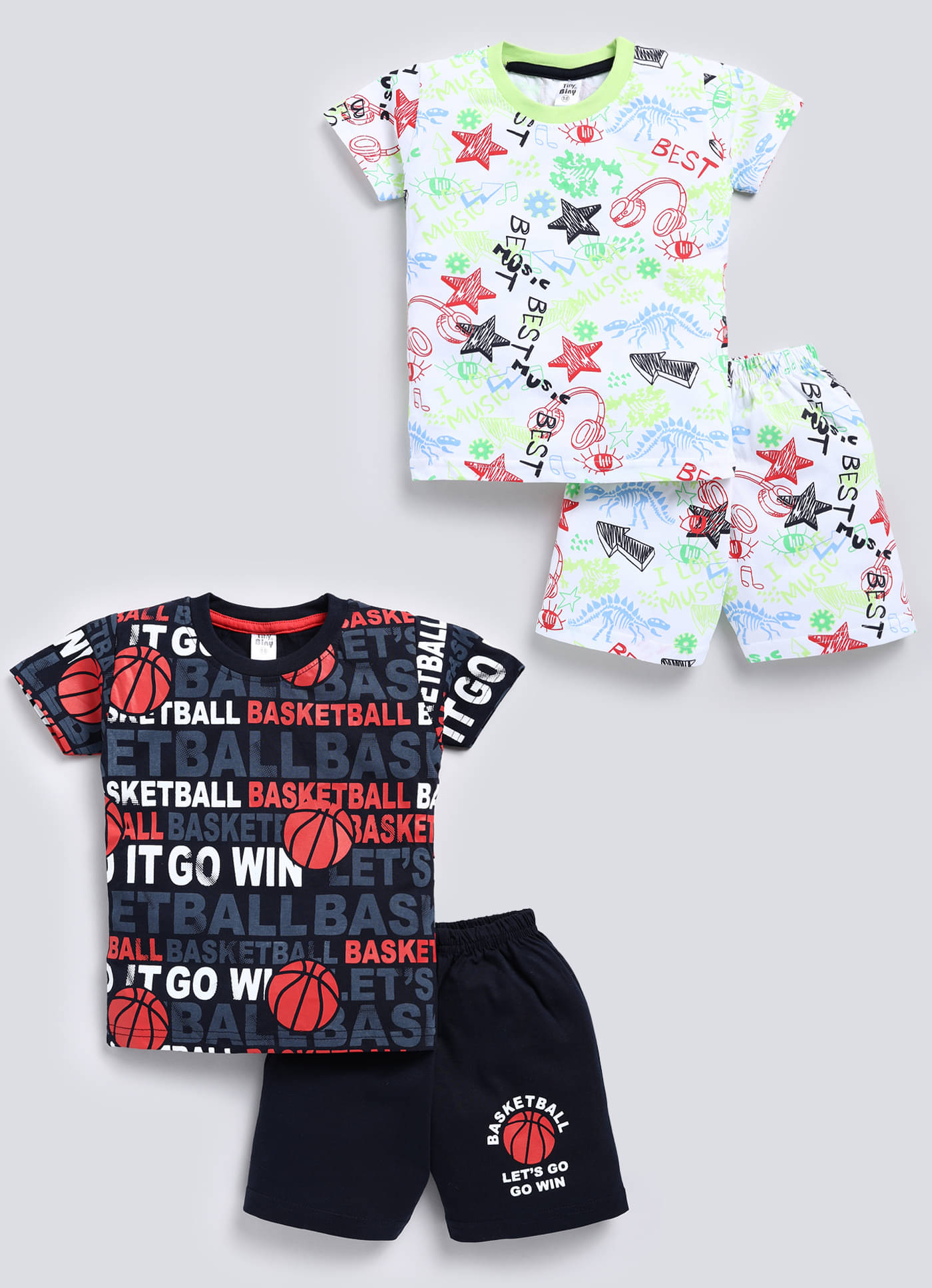     			TINY BINY Pack of 2 Boys Cotton T-Shirt & Shorts Set ( Multicolor )