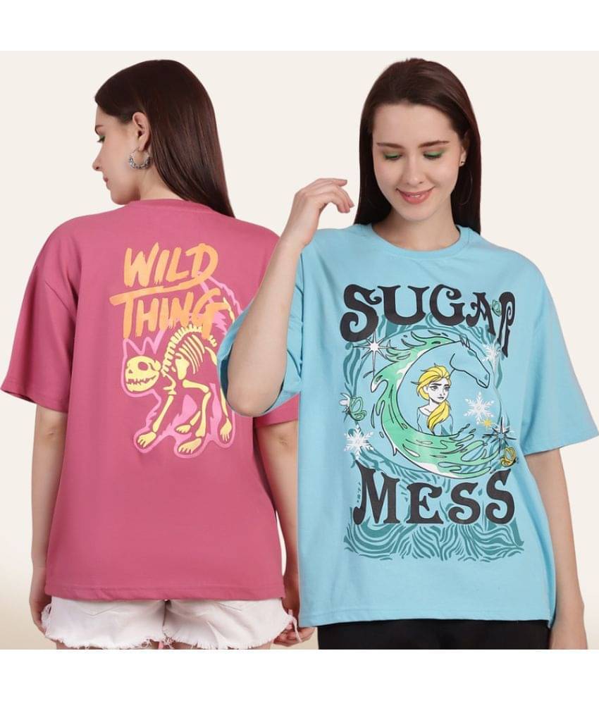     			Fabflee Women Cotton Printed Oversized Fit Round Neck T-Shirt ( Multi Color )