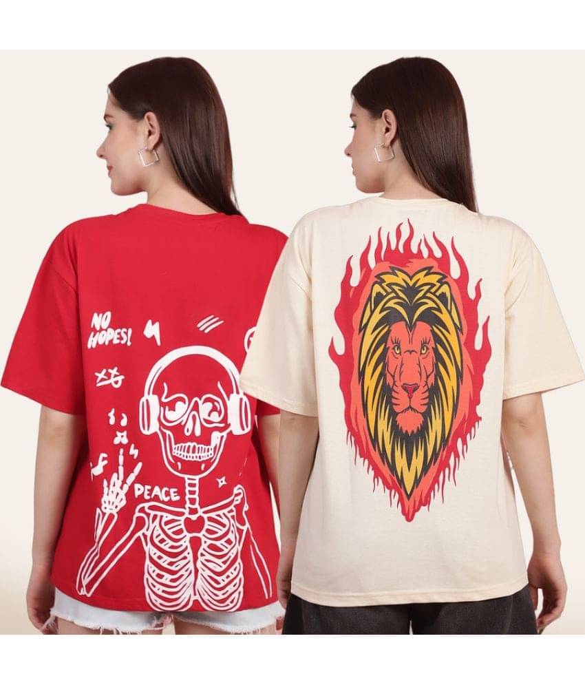     			Fabflee Women Cotton Printed Oversized Fit Round Neck T-Shirt ( Multi Color )